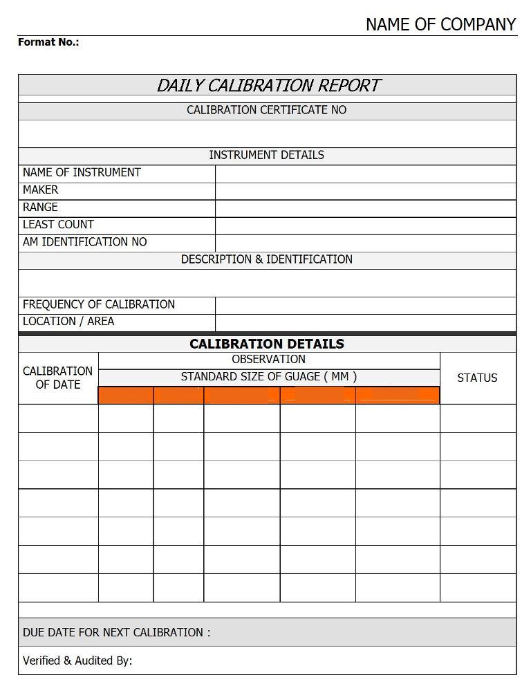 Daily Calibration Report Excel PDF Sample