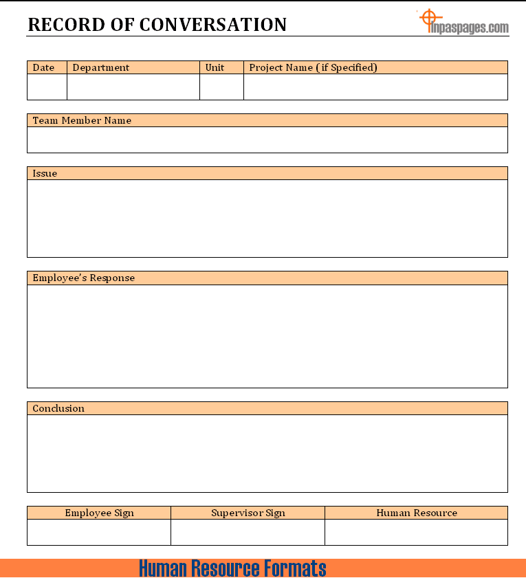 Printable Record Of Conversation Template Printable Templates