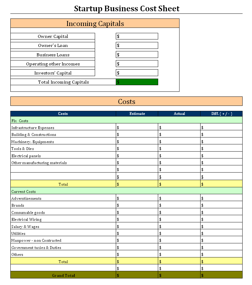 Startup Business Cost Sheet Business Startup Costing Format 