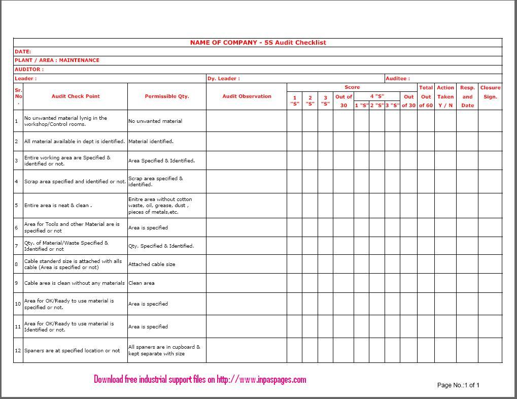 5S Checklist Template Excel