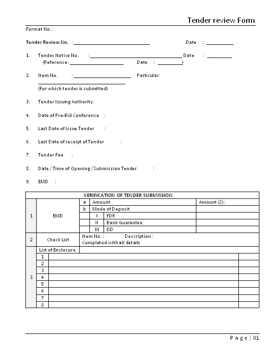 Tender Review Form