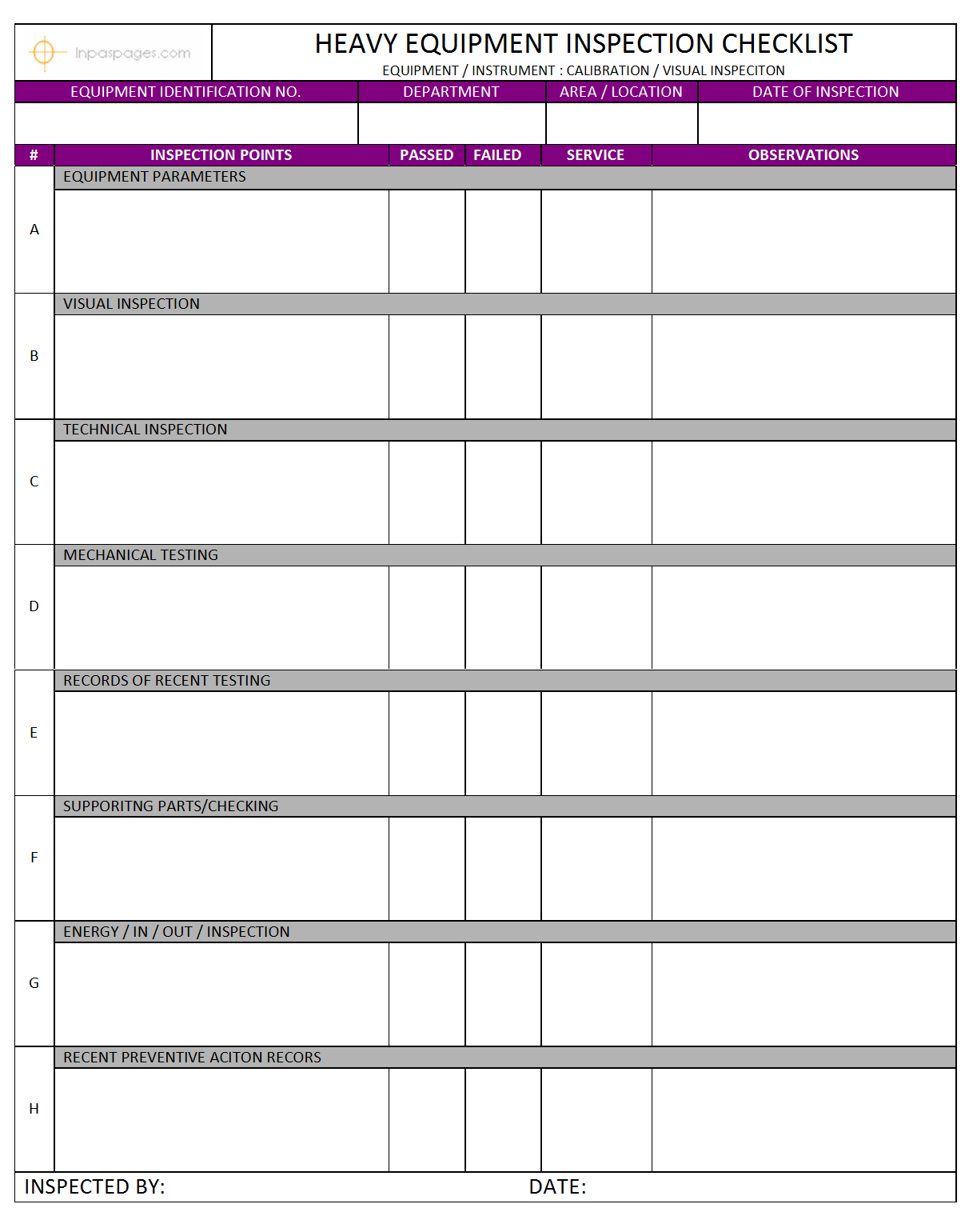 Printable Heavy Equipment Inspection Checklist Template Printable 