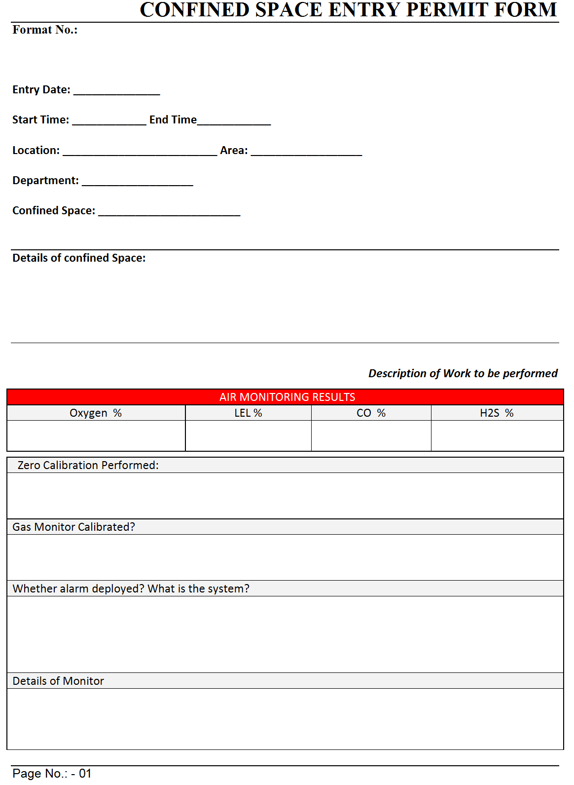 Confined Space Entry Permit Form