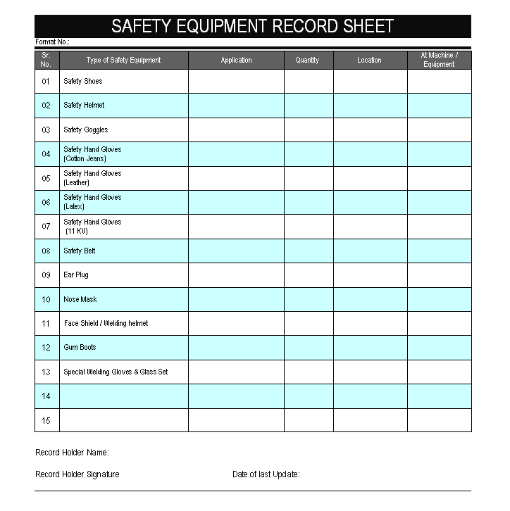 Safety Equipment Record Sheet