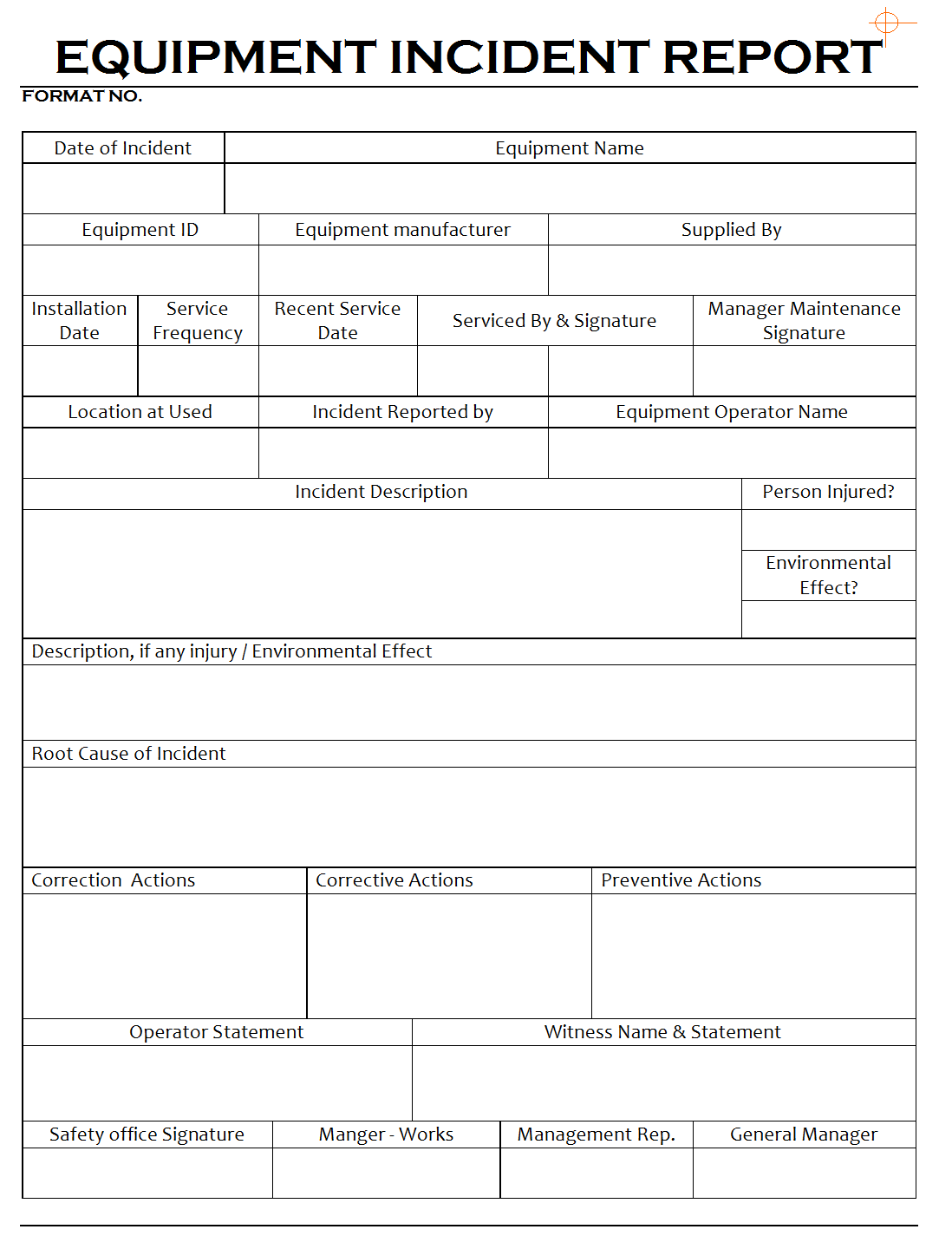 Equipment Incident Report Incident Form