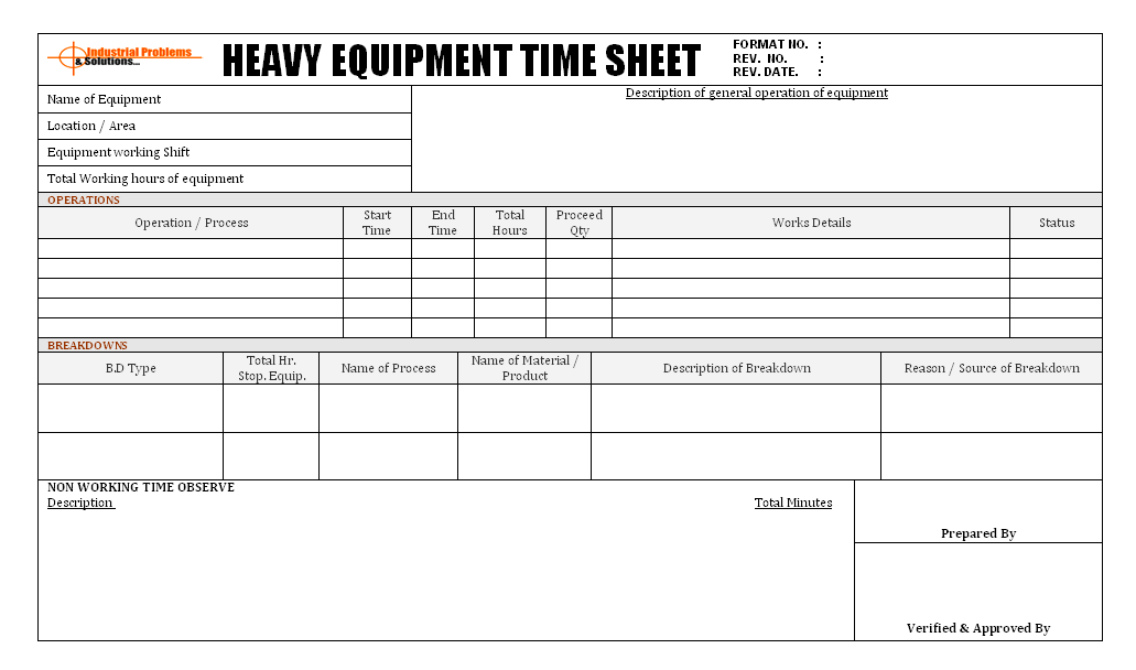 Heavy Equipment Operation And Time Sheet