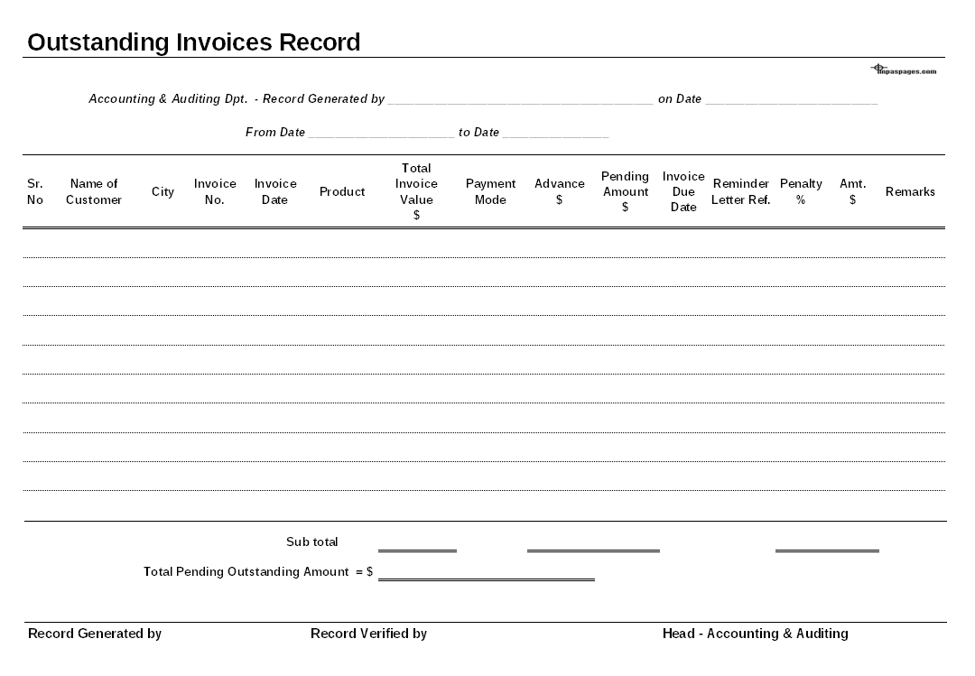 Outstanding Invoice Register For Accounting