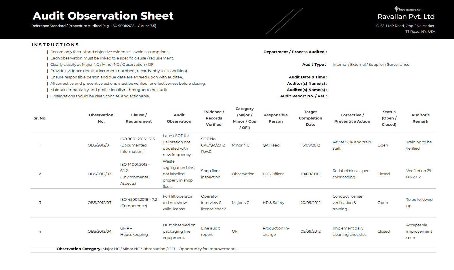 Audit Observation Sheet (ISO 9001)