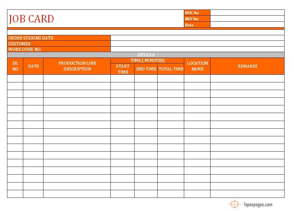 Job Card Format Word Document Excel PDF Sample