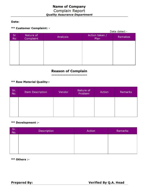 Complain Report - Quality Control / Quality Assurance