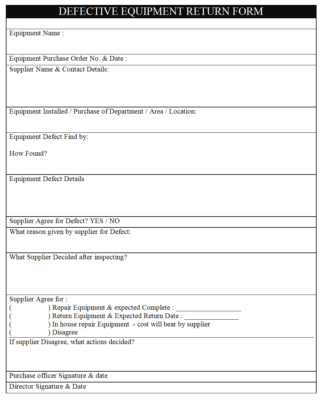 Defective Equipment Return Form format Samples Word Document