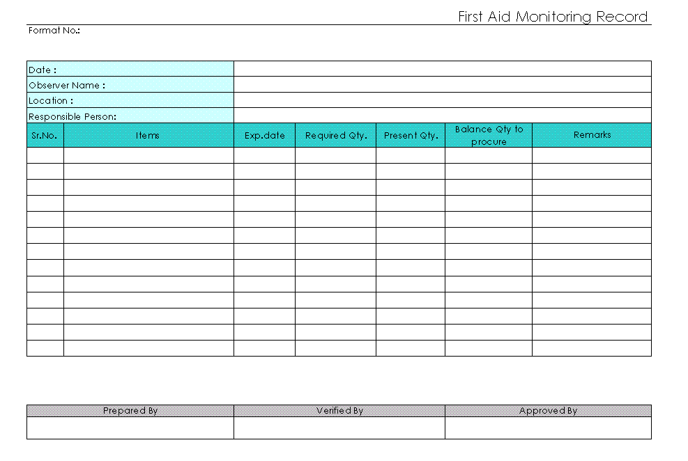 First Aid Monitoring Record Format Excel PDF Sample