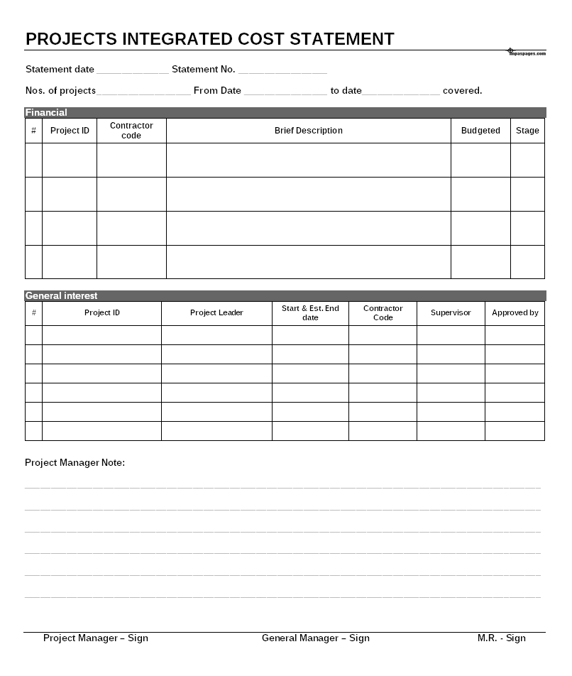 Projects Integrated Cost Statement Format