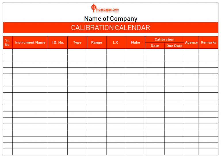 Calendar format. Instrument Schedule. Calibration log. Periodic Calibration Sheet of the measuring instrument.