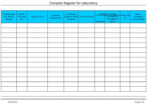 Complaint register for laboratory