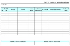 Earth pit resistance testing record sheet