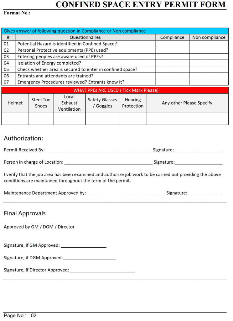 Confined Space Entry Permit Form