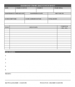 Overhead Crane daily check sheet