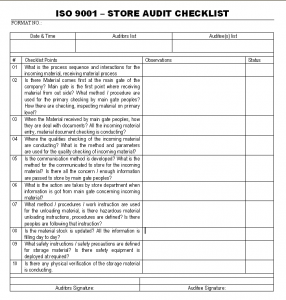 Store Audit Checklist - Fee ISO 9001 Checklist Formats Templates