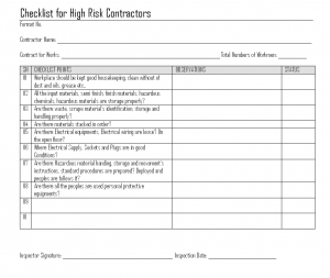 Checklist for High risk Contractor