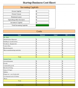 Start up Business Cost Sheet