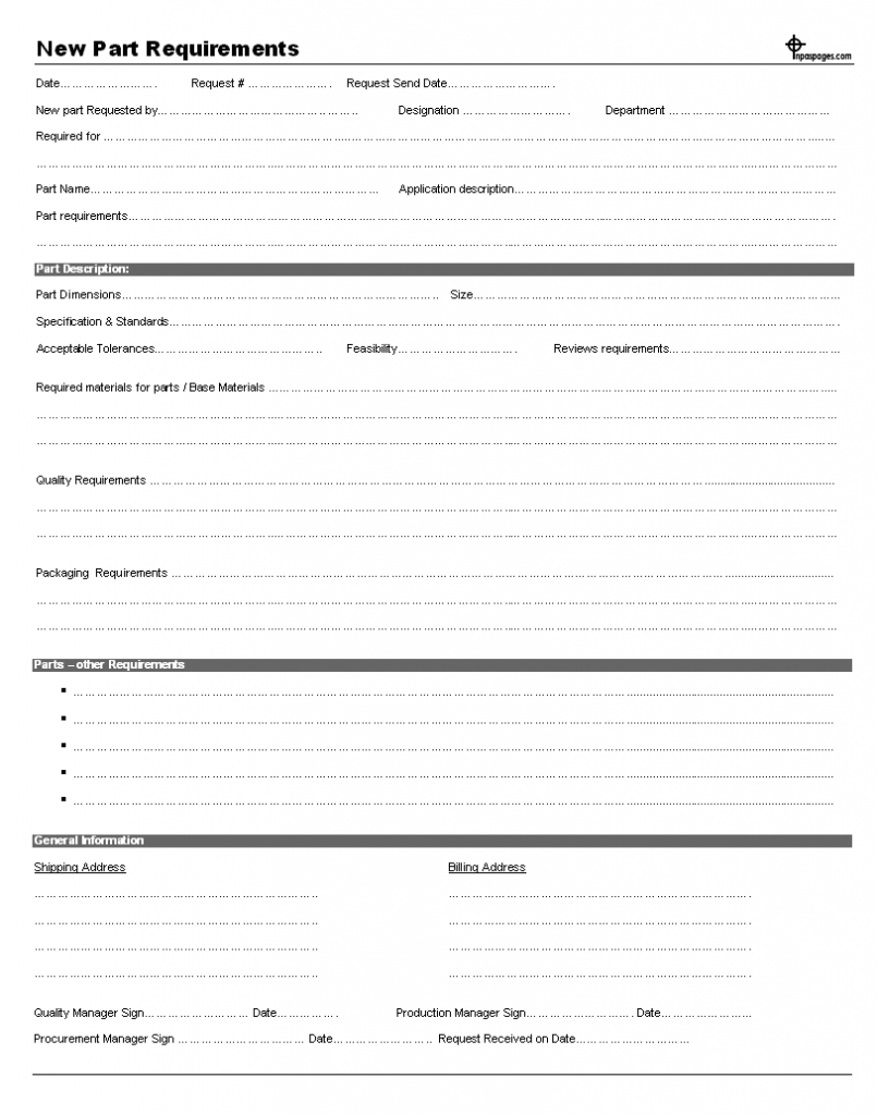 New part requirements order process