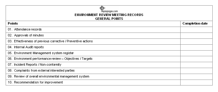 Environment review meeting record – general points