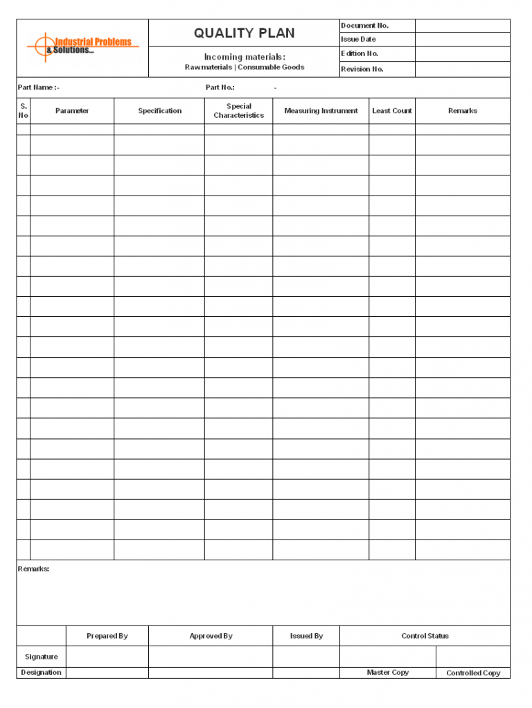 Quality assurance plan for incoming material inspection