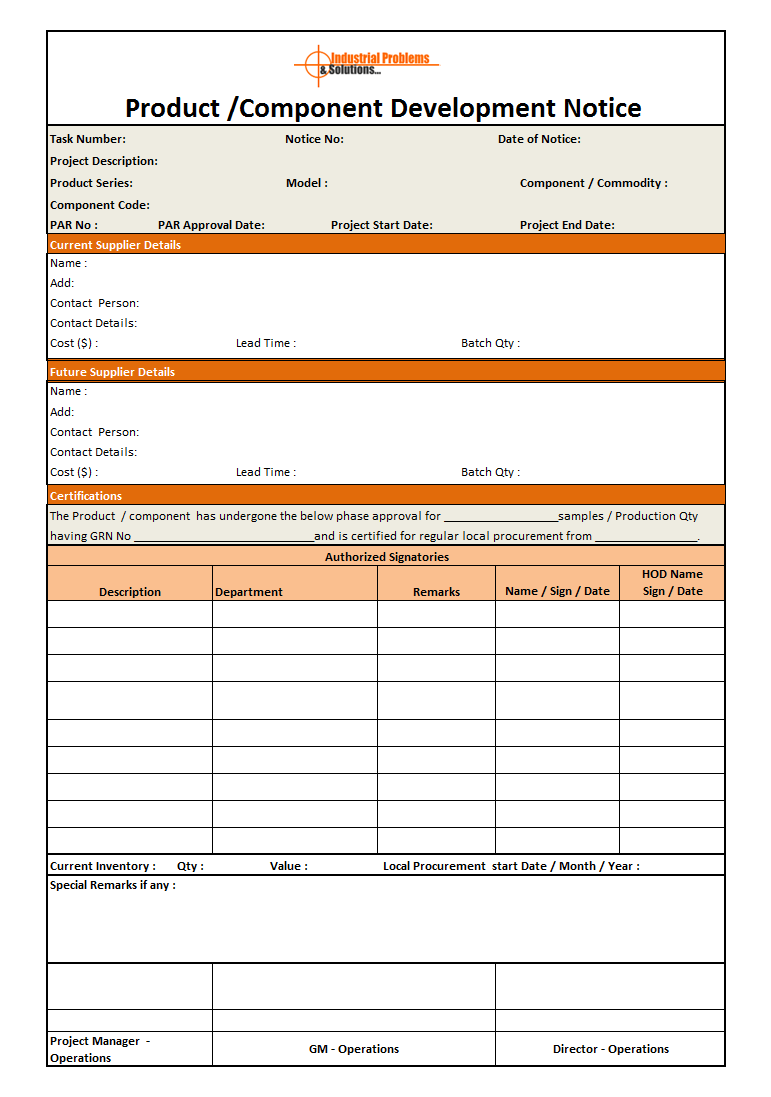 Product / component development notice template